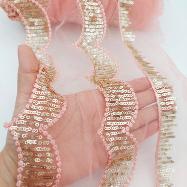 Salmon Pink Net Scallop Lace Trim with Gold Sequins, Sari Border, Embroidered Trim